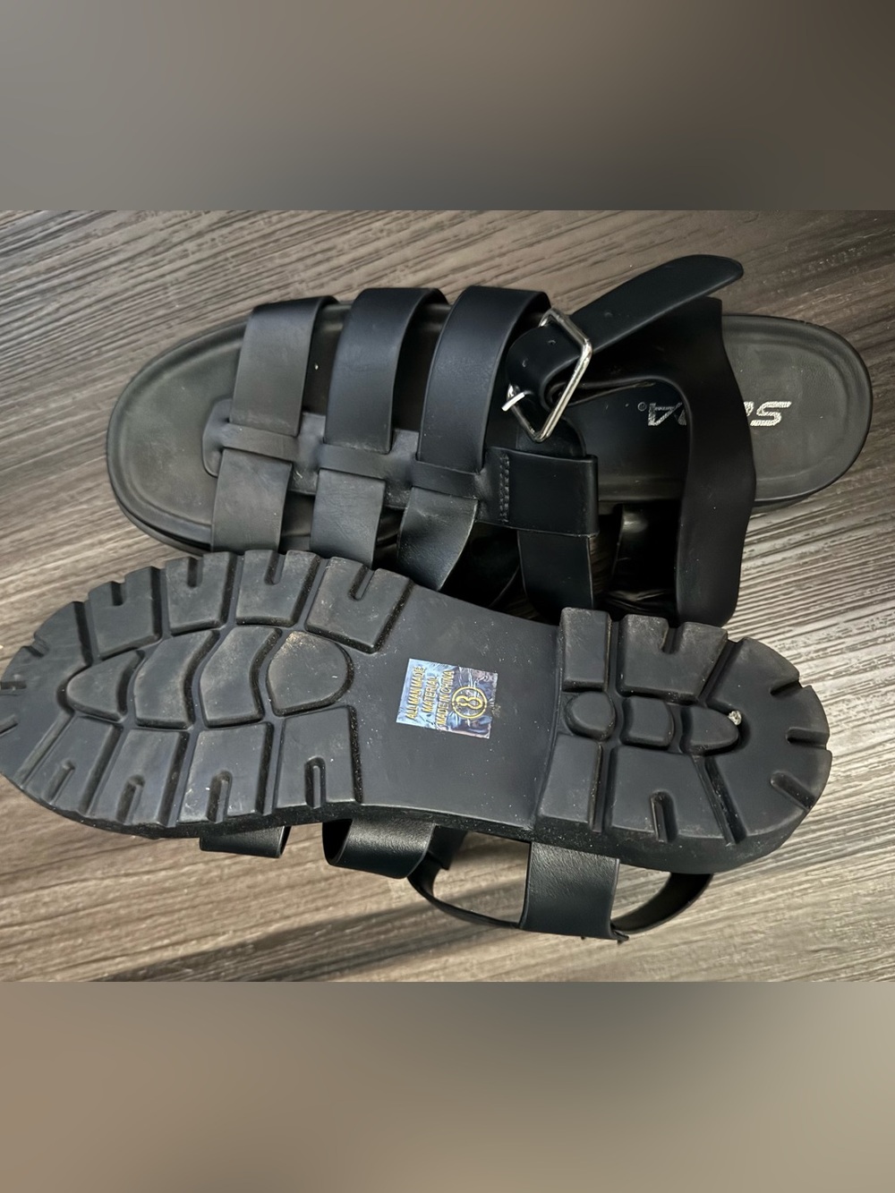 Black Strappy Leather Slide Sandals